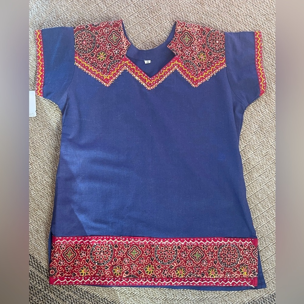 vintage artisanal kurti w/ mirror work embroidery short sleeve adult petite kid - Picture 6 of 7